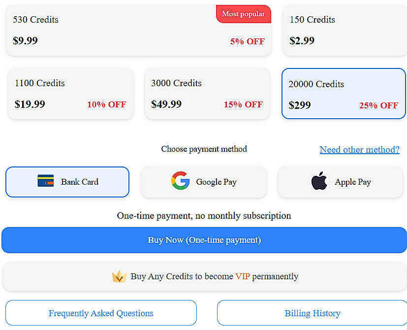 Pricing screenshot