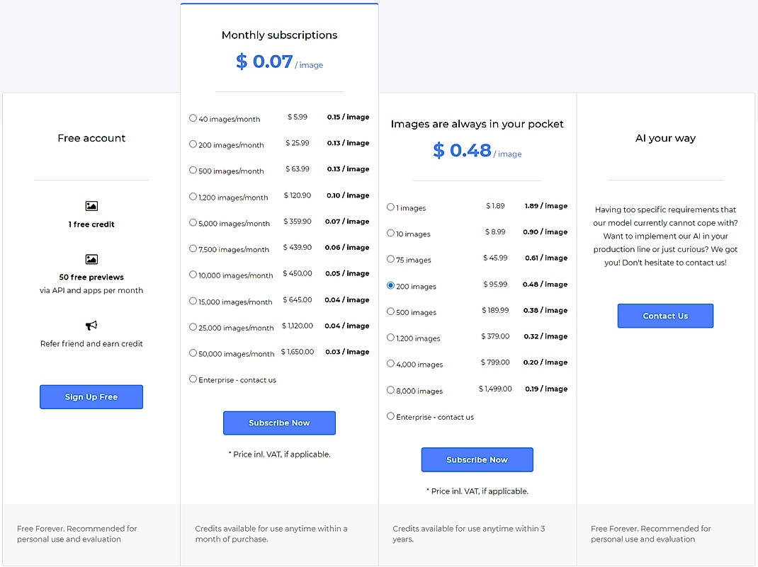 Pricing screenshot