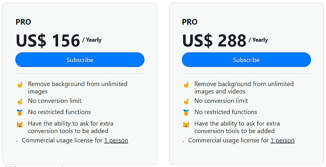 Pricing screenshot