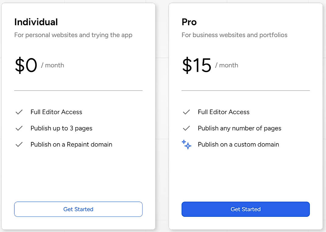 Pricing screenshot