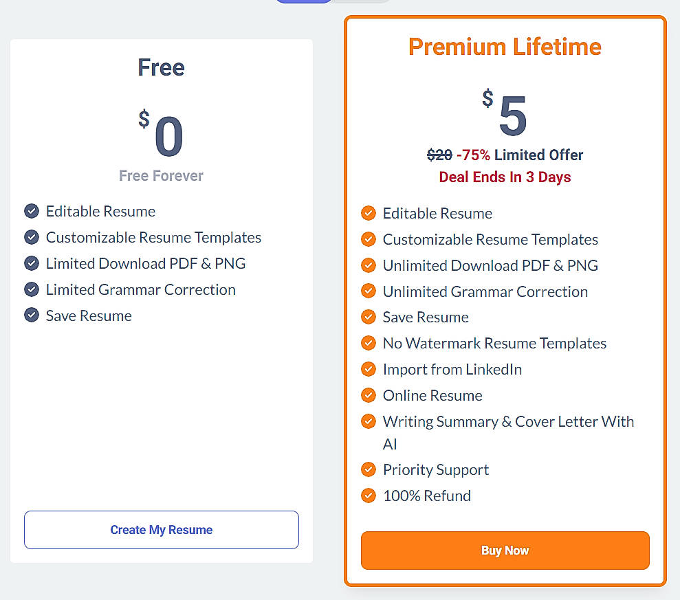 Pricing screenshot