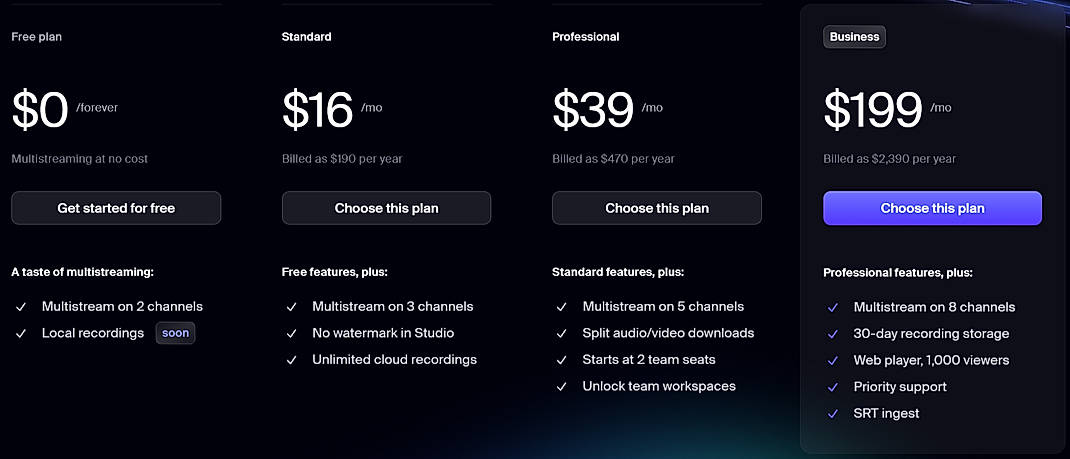 Pricing screenshot