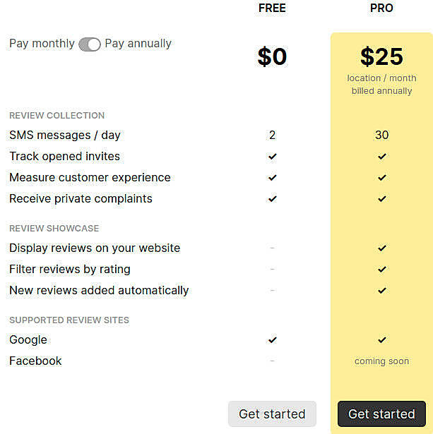 Pricing screenshot