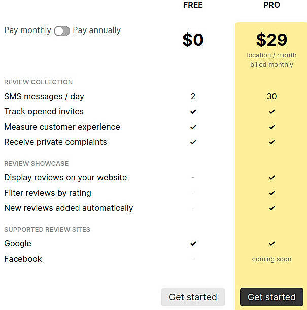 Pricing screenshot