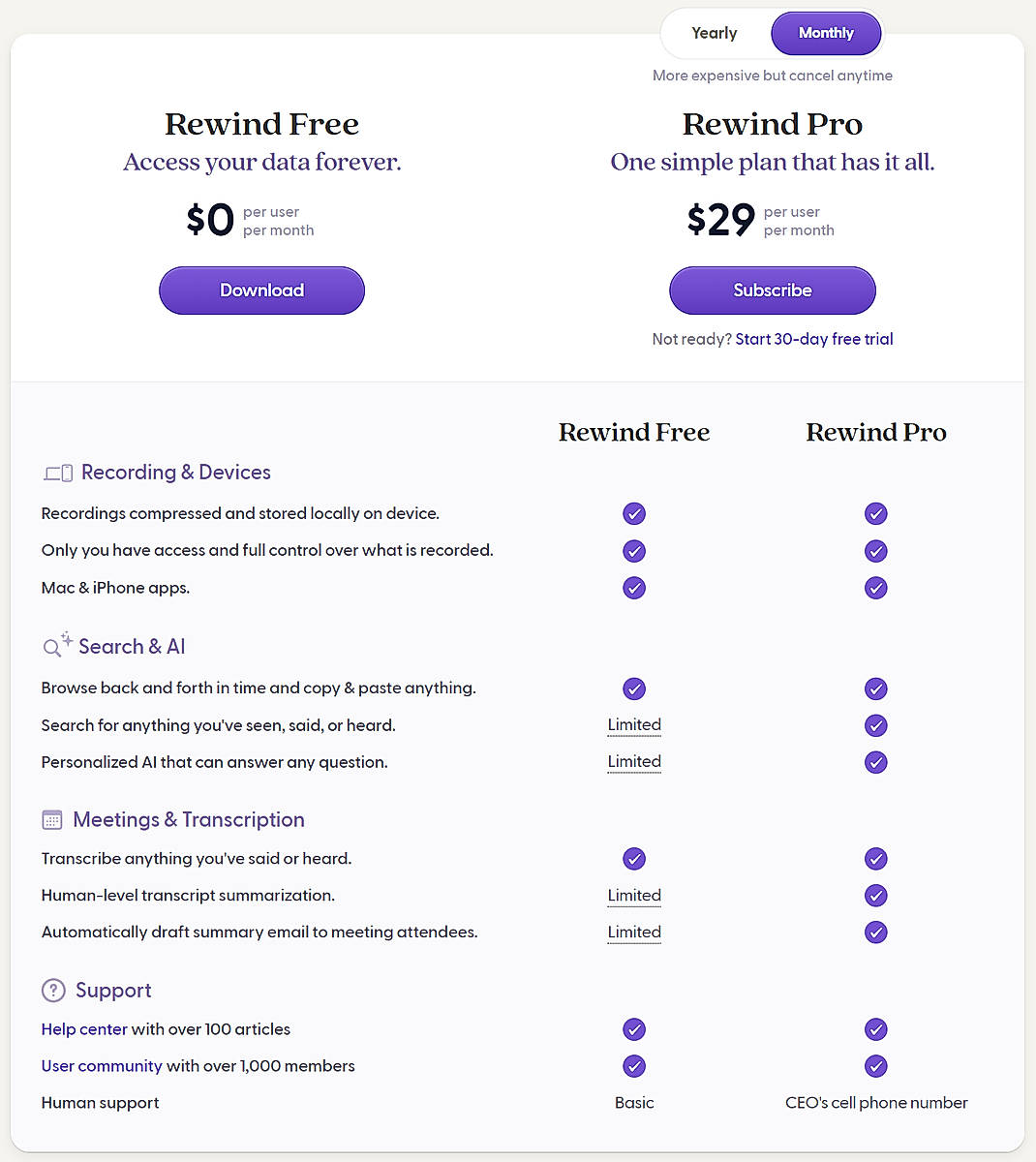 Pricing screenshot