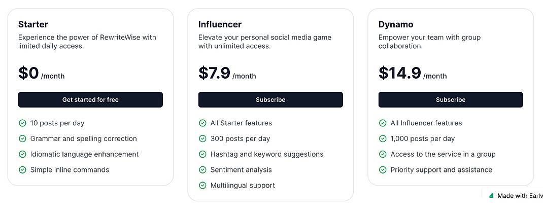 Pricing screenshot