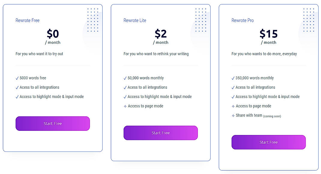 Pricing screenshot