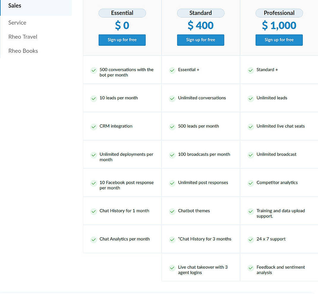 Pricing screenshot