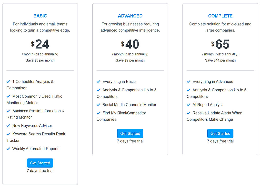 Pricing screenshot