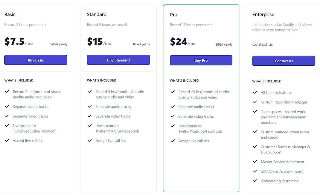 Pricing screenshot