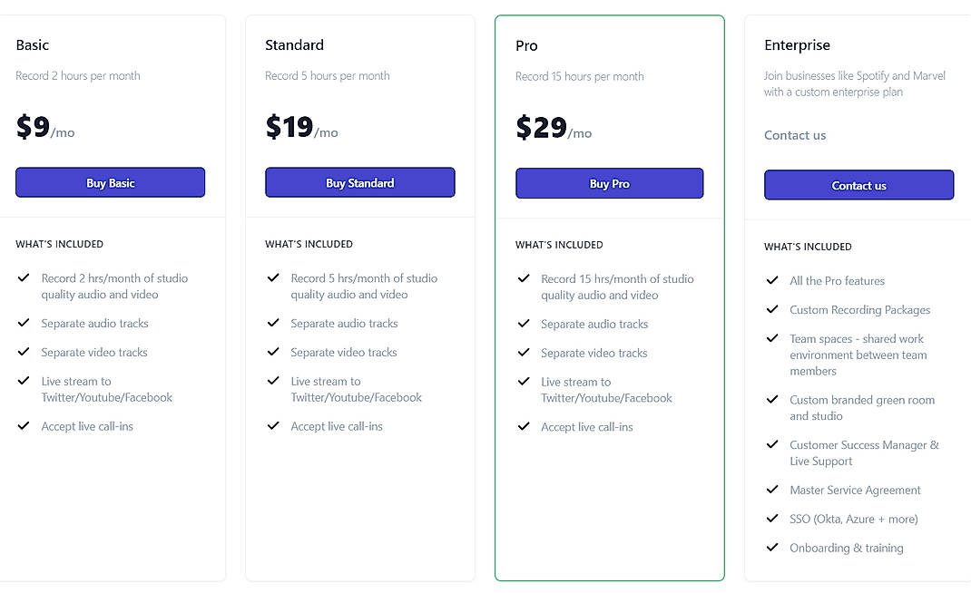 Pricing screenshot