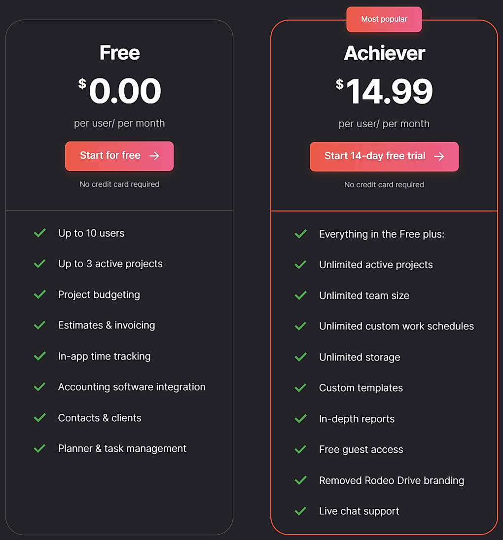 Pricing screenshot