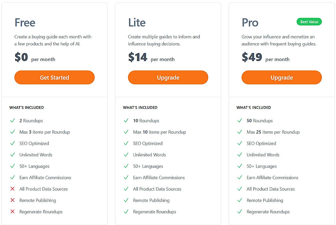 Pricing screenshot