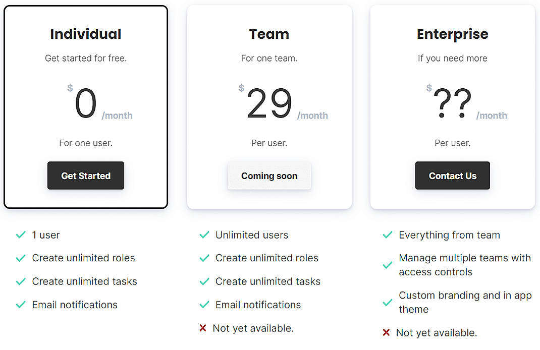 Pricing screenshot
