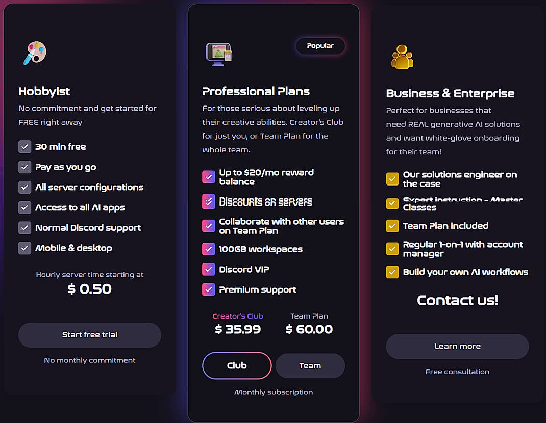 Pricing screenshot