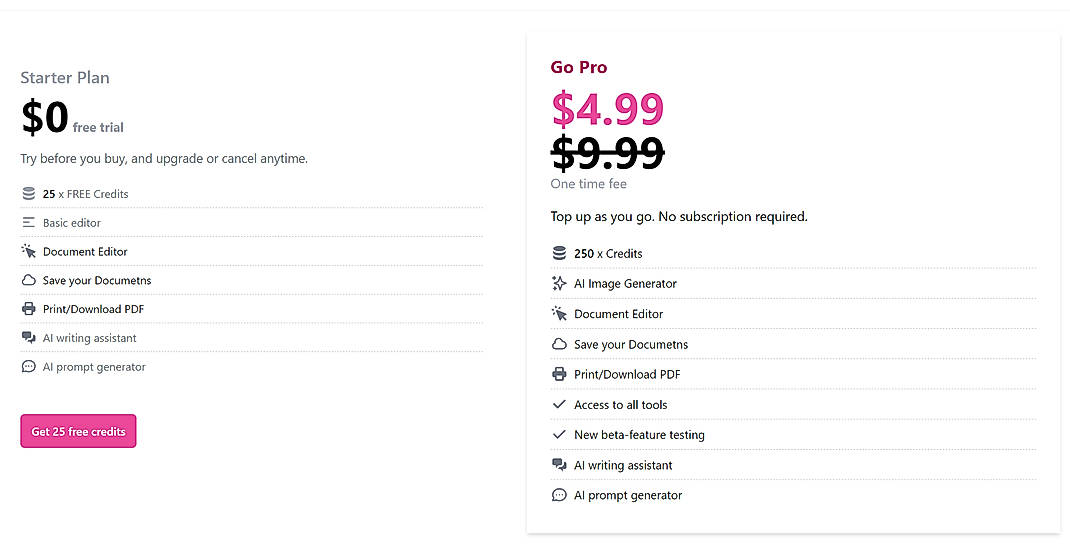 Pricing screenshot