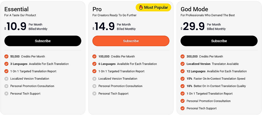 Pricing screenshot