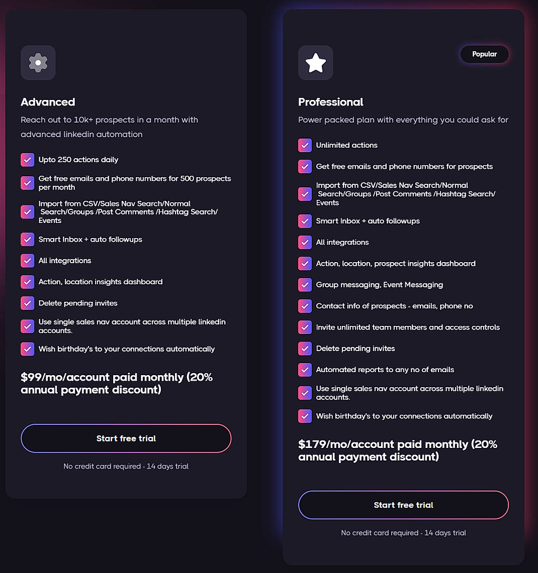 Pricing screenshot