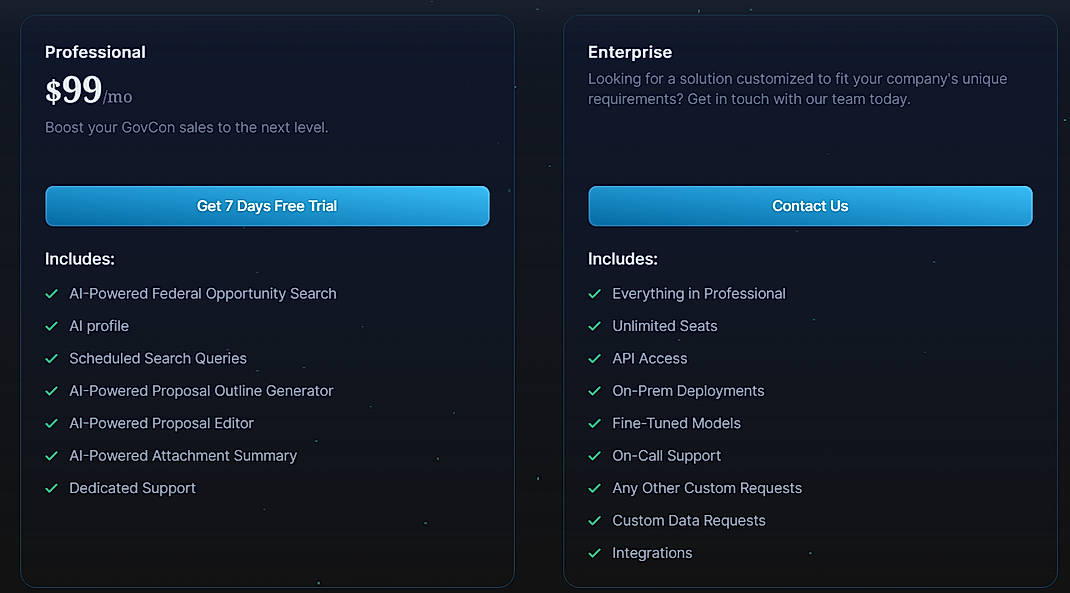 Pricing screenshot