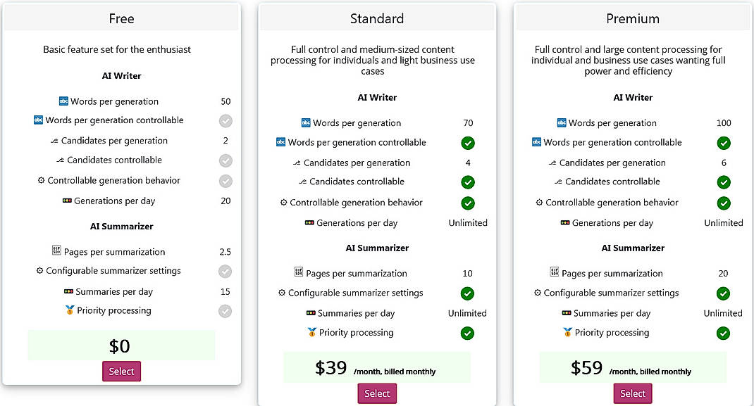 Pricing screenshot