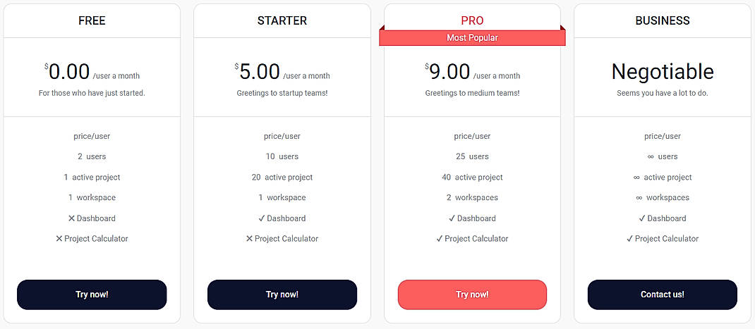 Pricing screenshot