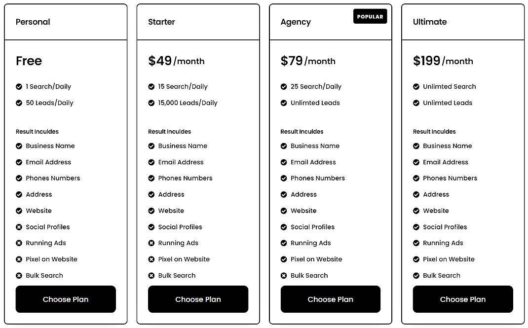 Pricing screenshot