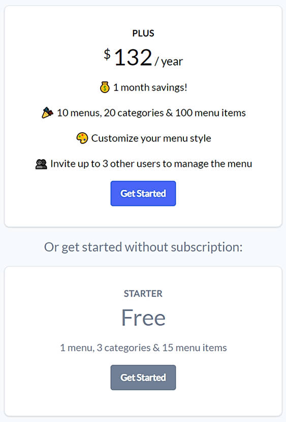 Pricing screenshot