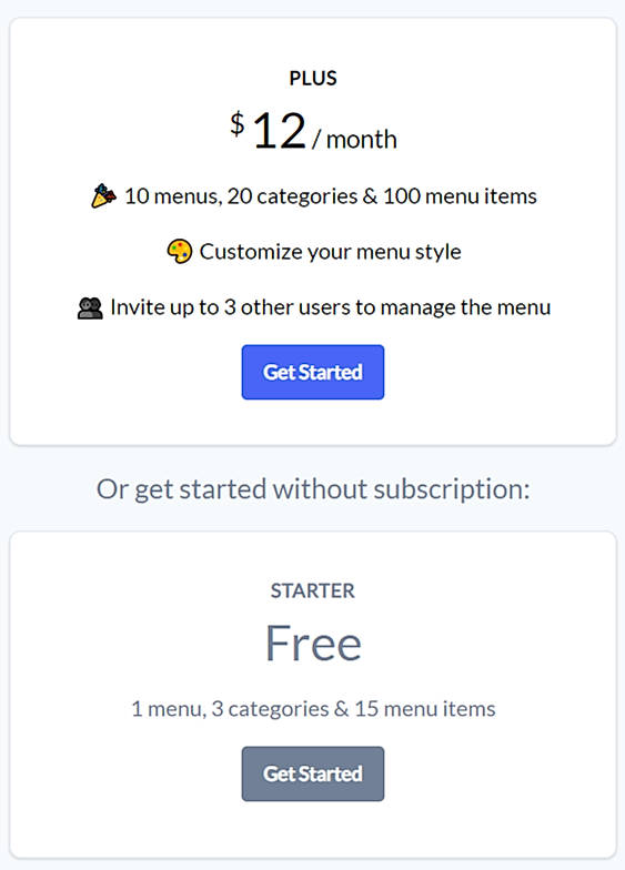 Pricing screenshot
