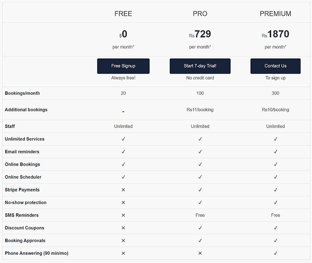 Pricing screenshot