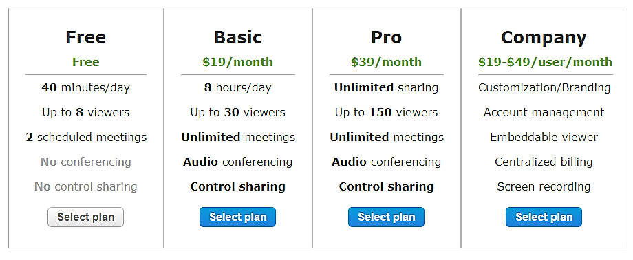 Pricing screenshot