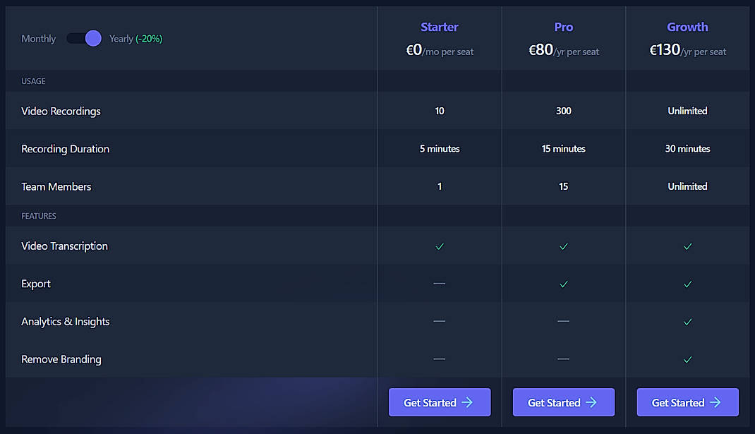 Pricing screenshot