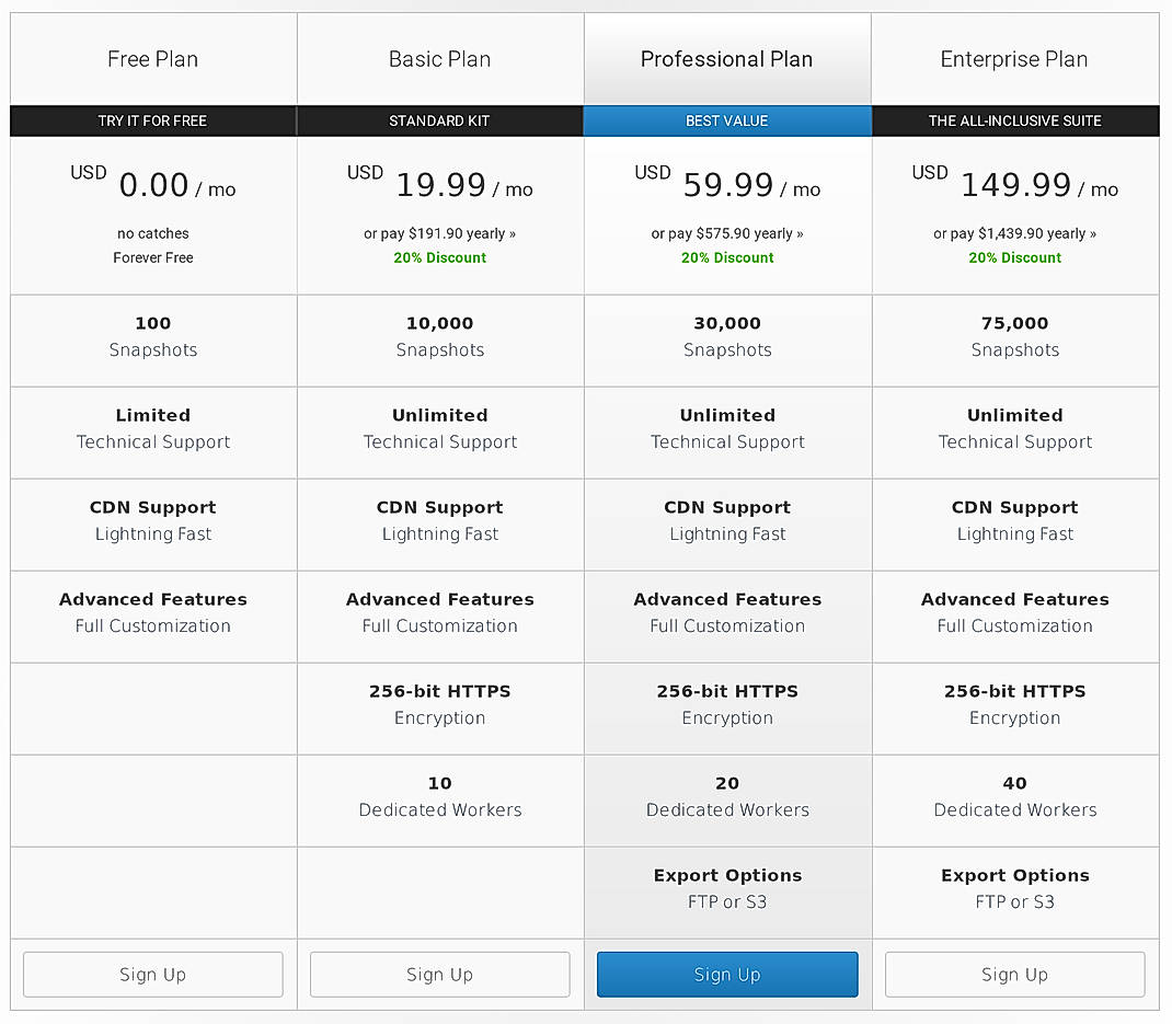 Pricing screenshot