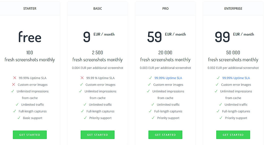 Pricing screenshot