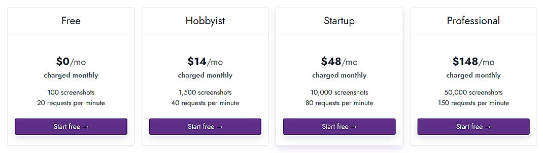 Pricing screenshot