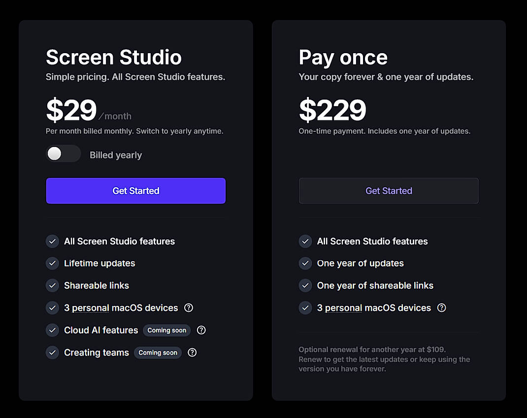 Pricing screenshot