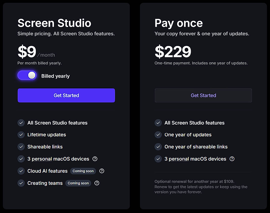Pricing screenshot