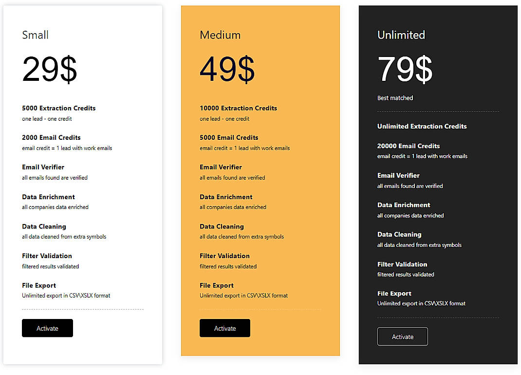 Pricing screenshot
