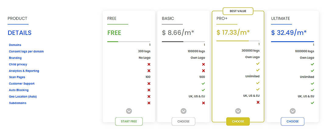 Pricing screenshot