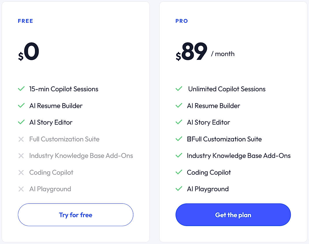Pricing screenshot