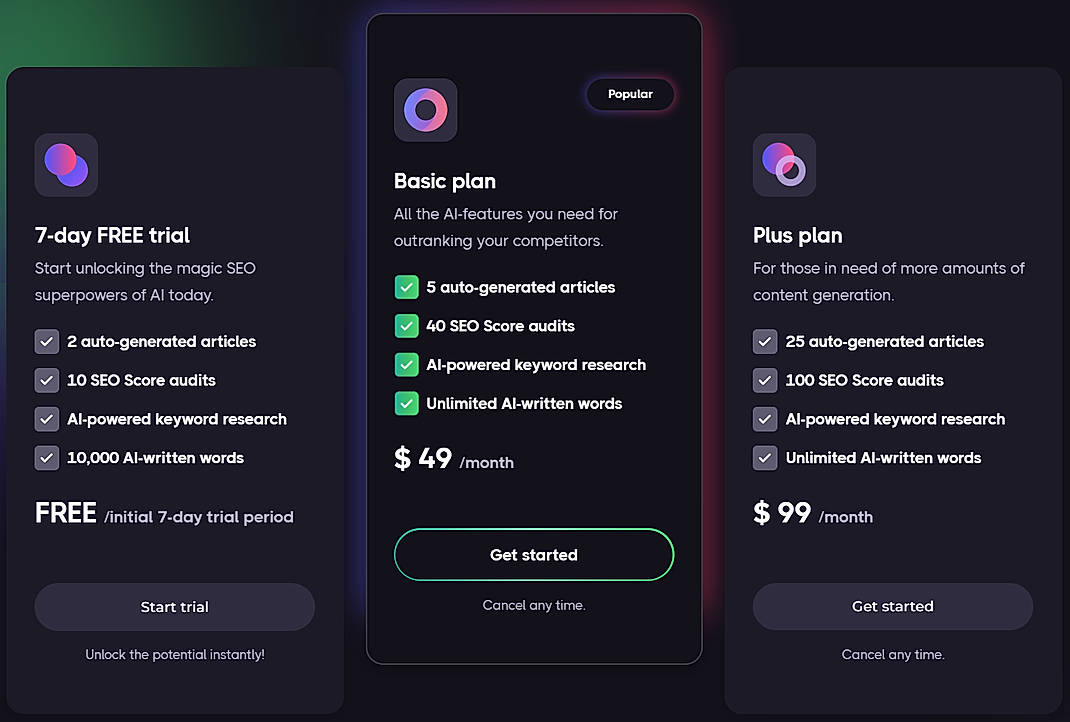 Pricing screenshot