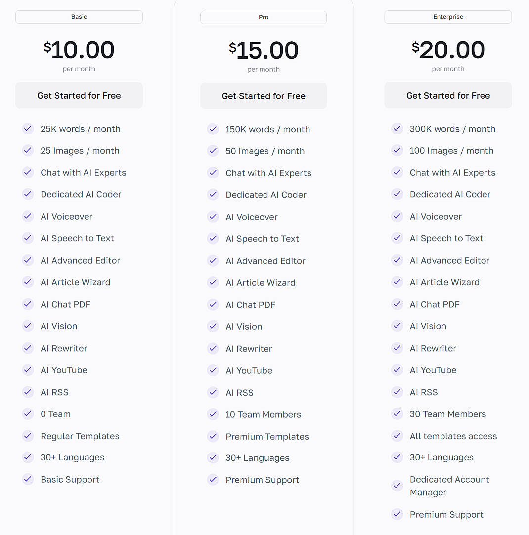 Pricing screenshot