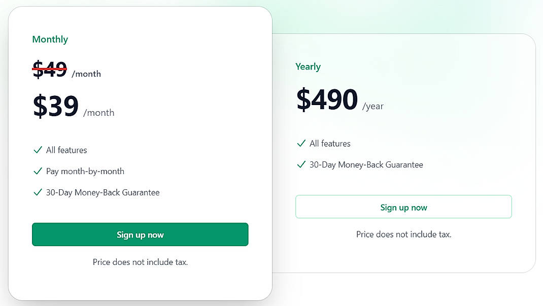 Pricing screenshot