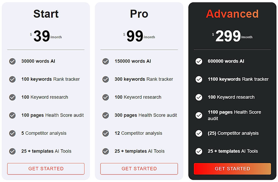 Pricing screenshot