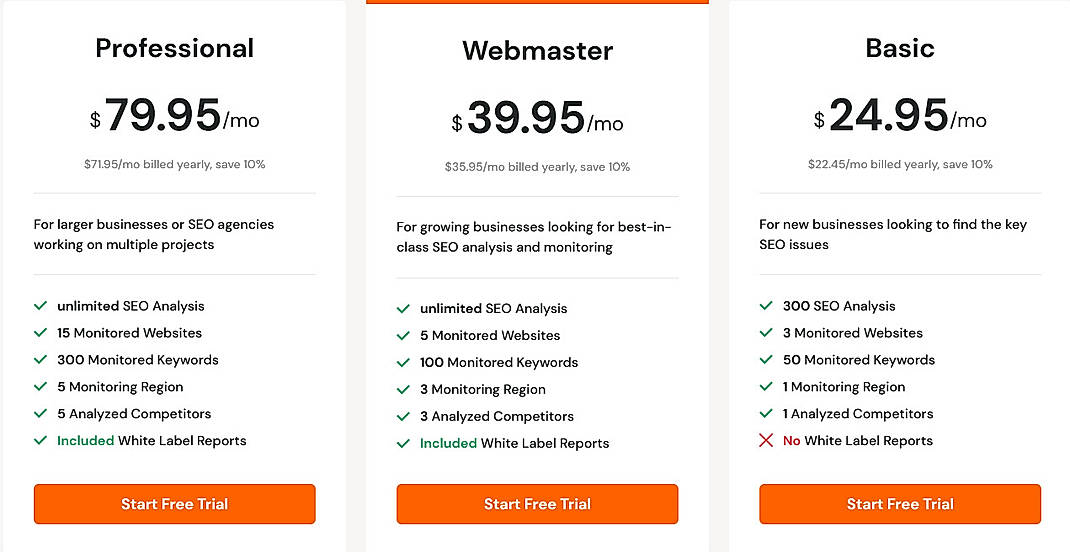 Pricing screenshot