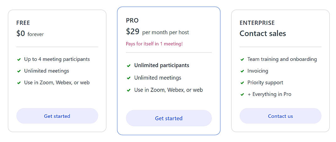 Pricing screenshot