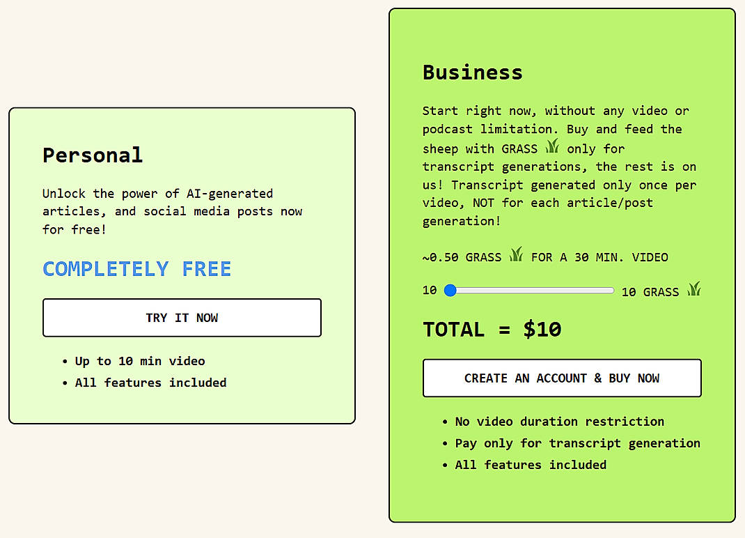 Pricing screenshot