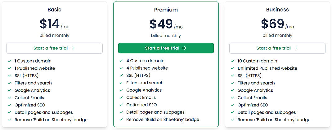 Pricing screenshot
