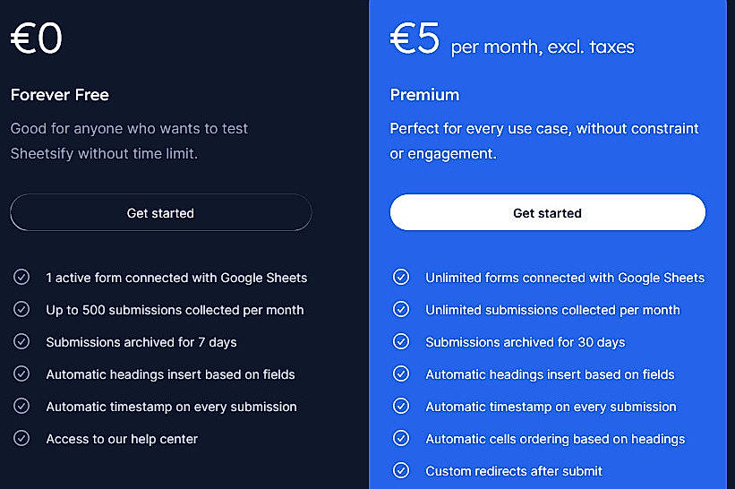 Pricing screenshot
