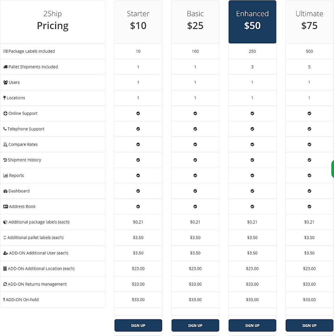 Pricing screenshot