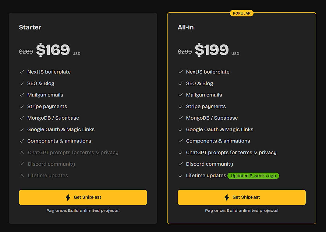 Pricing screenshot